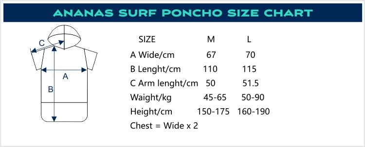 Ananas Surf poncho size chart